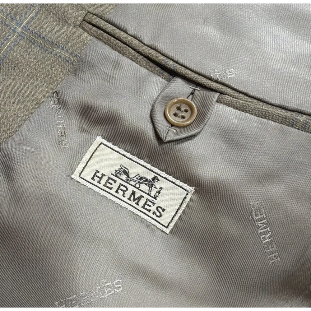 HERMES Mens Sport Coat Blazer Beige Tan Windowpane Checked 42R Wedding Flaws**
